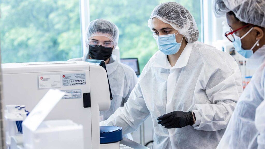 Students being trained in the biopharma lab.